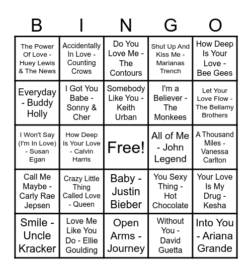 ❤️Love Song Bingo❤️ Bingo Card