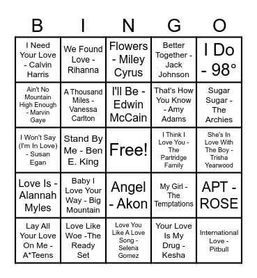 ❤️Love Song Bingo❤️ Bingo Card