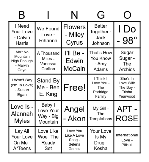 ❤️Love Song Bingo❤️ Bingo Card