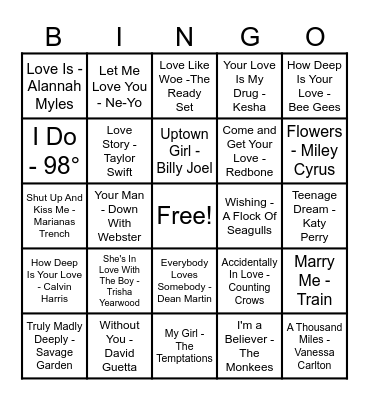❤️Love Song Bingo❤️ Bingo Card