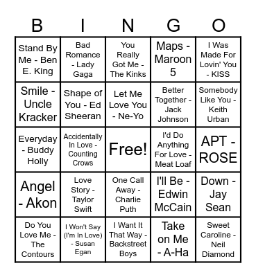 Love Song Bingo! Bingo Card