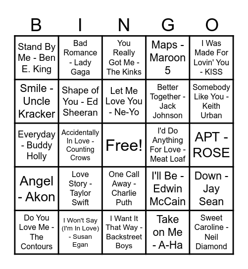 Love Song Bingo! Bingo Card
