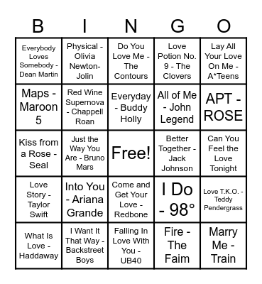 ❤️Love Song Bingo❤️ Bingo Card