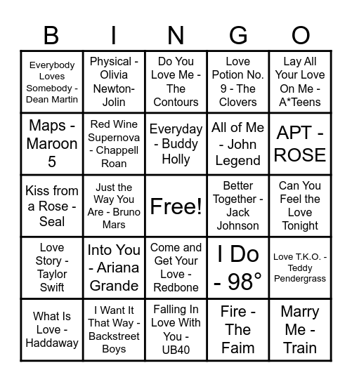 ❤️Love Song Bingo❤️ Bingo Card