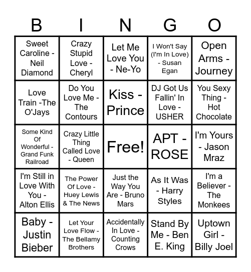 ❤️Love Song Bingo❤️ Bingo Card