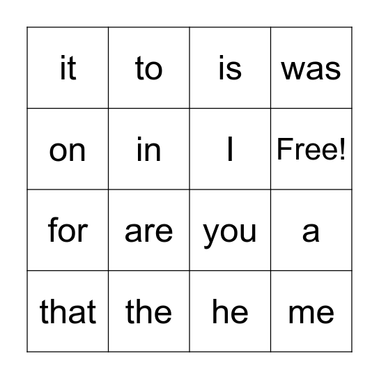 Common Word List 1 Bingo Card