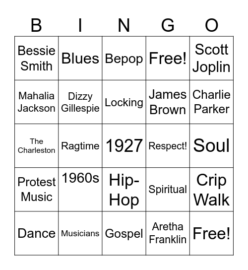 Black History Month Music Bingo Card