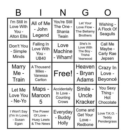 ❤️Love Song Bingo❤️ Bingo Card