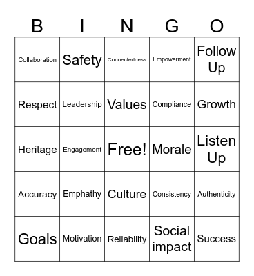 Values and Ethics Bingo Card