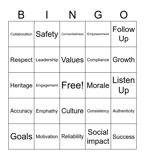 Values and Ethics Bingo Card