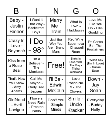 ❤️Love Song Bingo❤️ Bingo Card