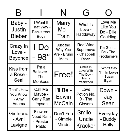 ❤️Love Song Bingo❤️ Bingo Card