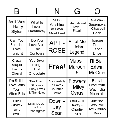 ❤️Love Song Bingo❤️ Bingo Card