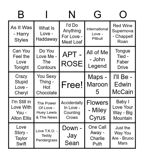 ❤️Love Song Bingo❤️ Bingo Card