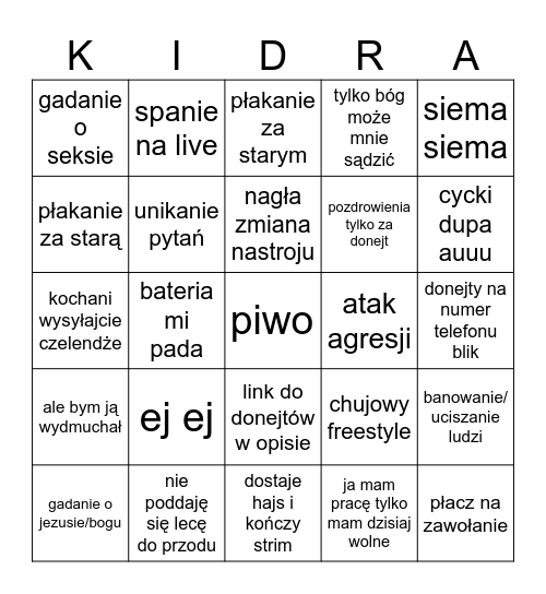 Kidraman Bingo Card