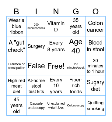 Colon Cancer Awareness Bingo Card