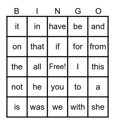 Sight words Bingo Card