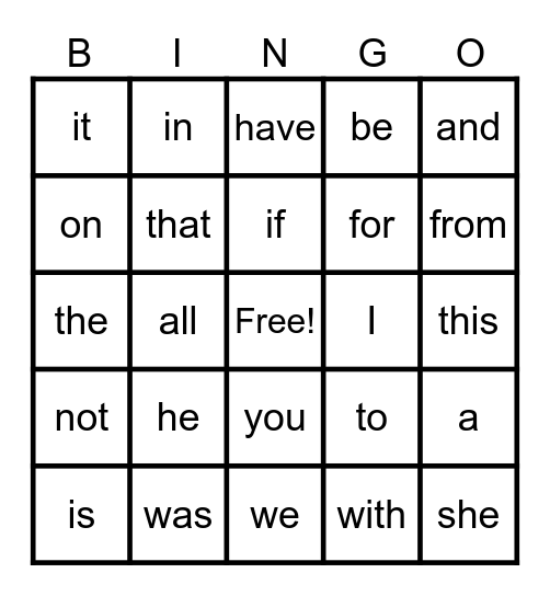 Sight words Bingo Card