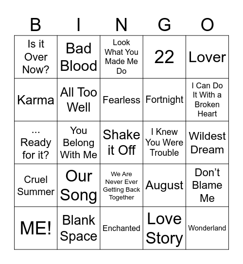taylor swift bingo Card