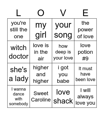 love songs Bingo Card