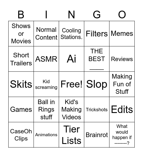 YouTube Shorts Bingo Card