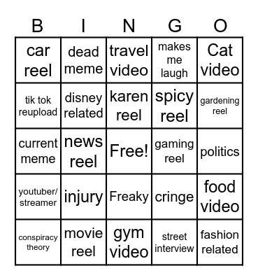Instagram reel bingo Card