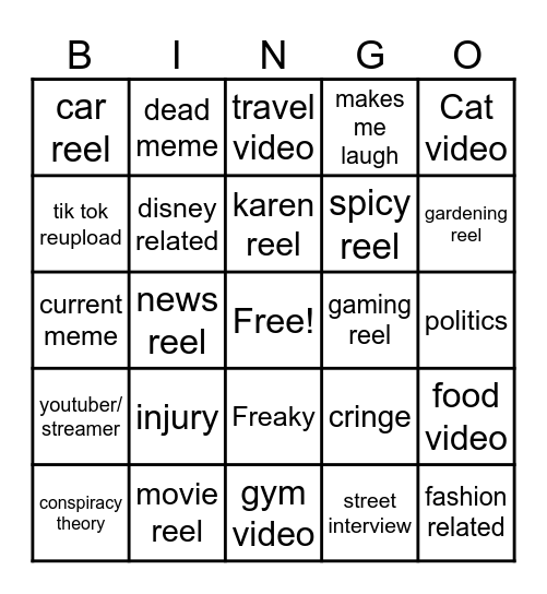 Instagram reel bingo Card