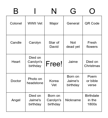 Carolyn & Jaime's Cemetery Bingo Card