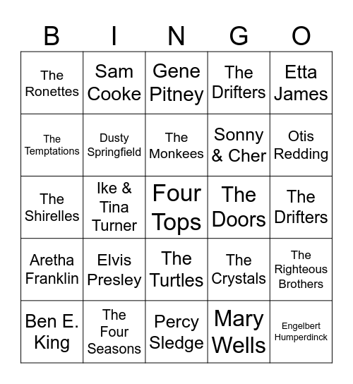 Love Songs Of The 60's Bingo Card