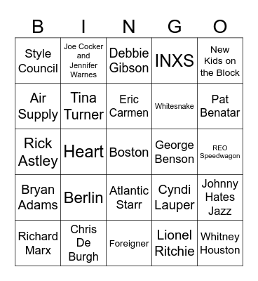1980's Love Songs Bingo Card
