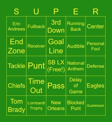 Super Bowl LX Touchdown Game Bingo Card