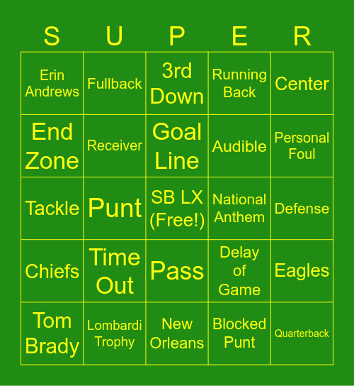 Super Bowl LX Touchdown Game Bingo Card