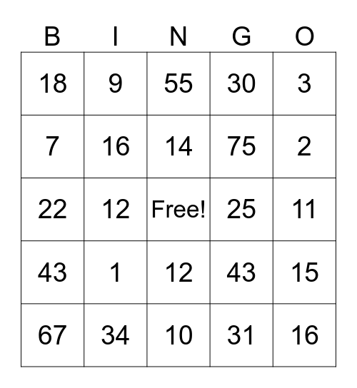 Multiplication & Division Bingo Card