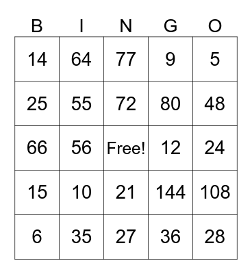 Multiplication Facts Bingo Card