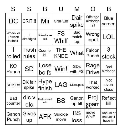 Smash Ultimate Mega Online Bingo Card