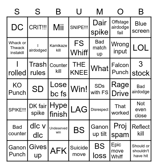 Smash Ultimate Mega Online Bingo Card
