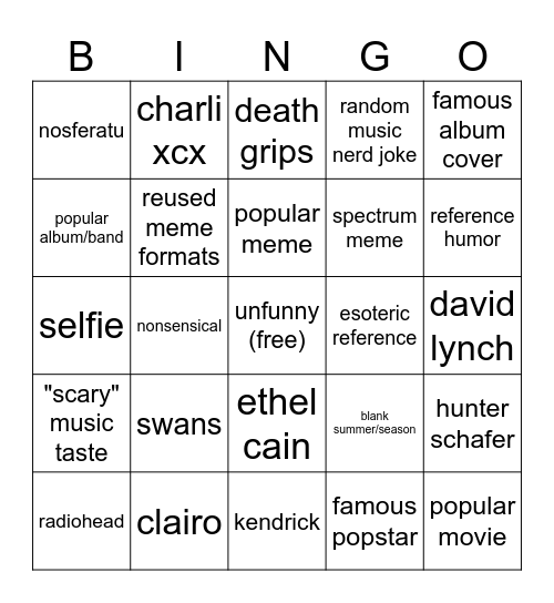 xiu shoegaze bingo Card
