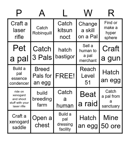 Palworld Bingo Card
