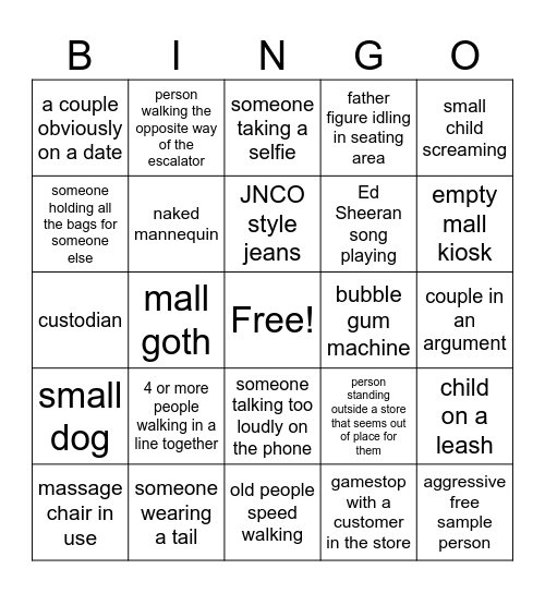 Mall Bingo Card