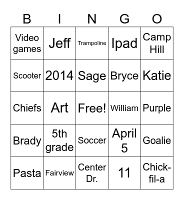Bryce Birthday Bingo Card