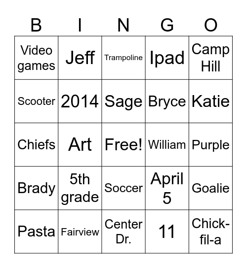Bryce Birthday Bingo Card