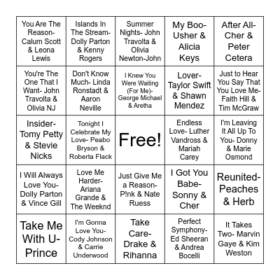 Love Songs- Duets Bingo Card