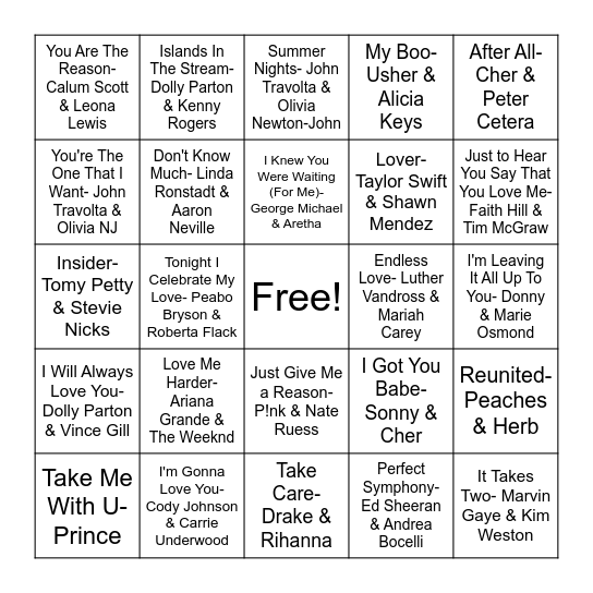 Love Songs- Duets Bingo Card