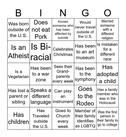 Cultural Bingo! Bingo Card