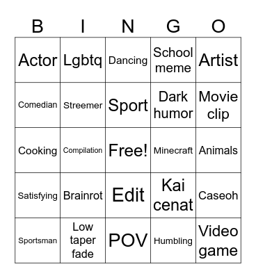 Youtube shorts Bingo Card