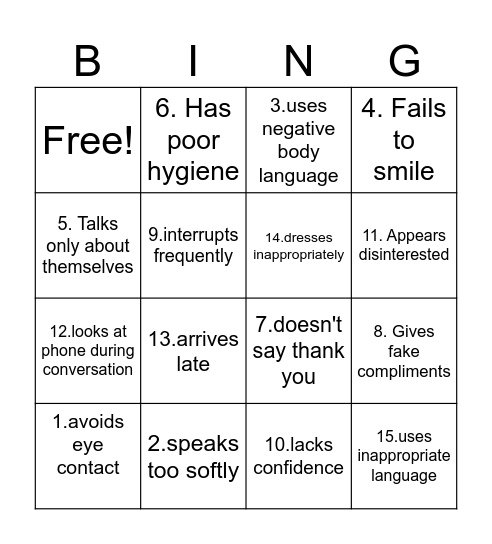 Bad First Impressions Bingo Card