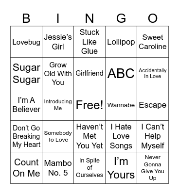 Silly Songs Bingo Card