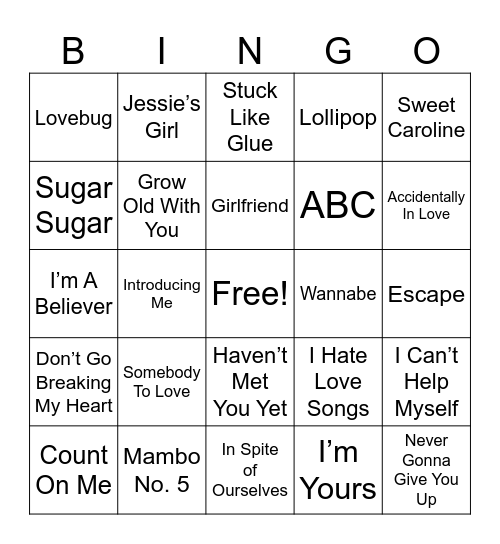 Silly Songs Bingo Card
