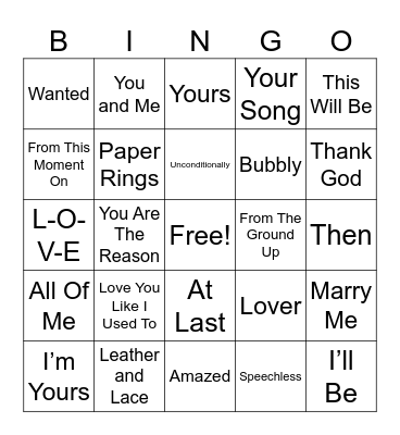 Wedding Songs Bingo Card