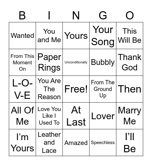Wedding Songs Bingo Card